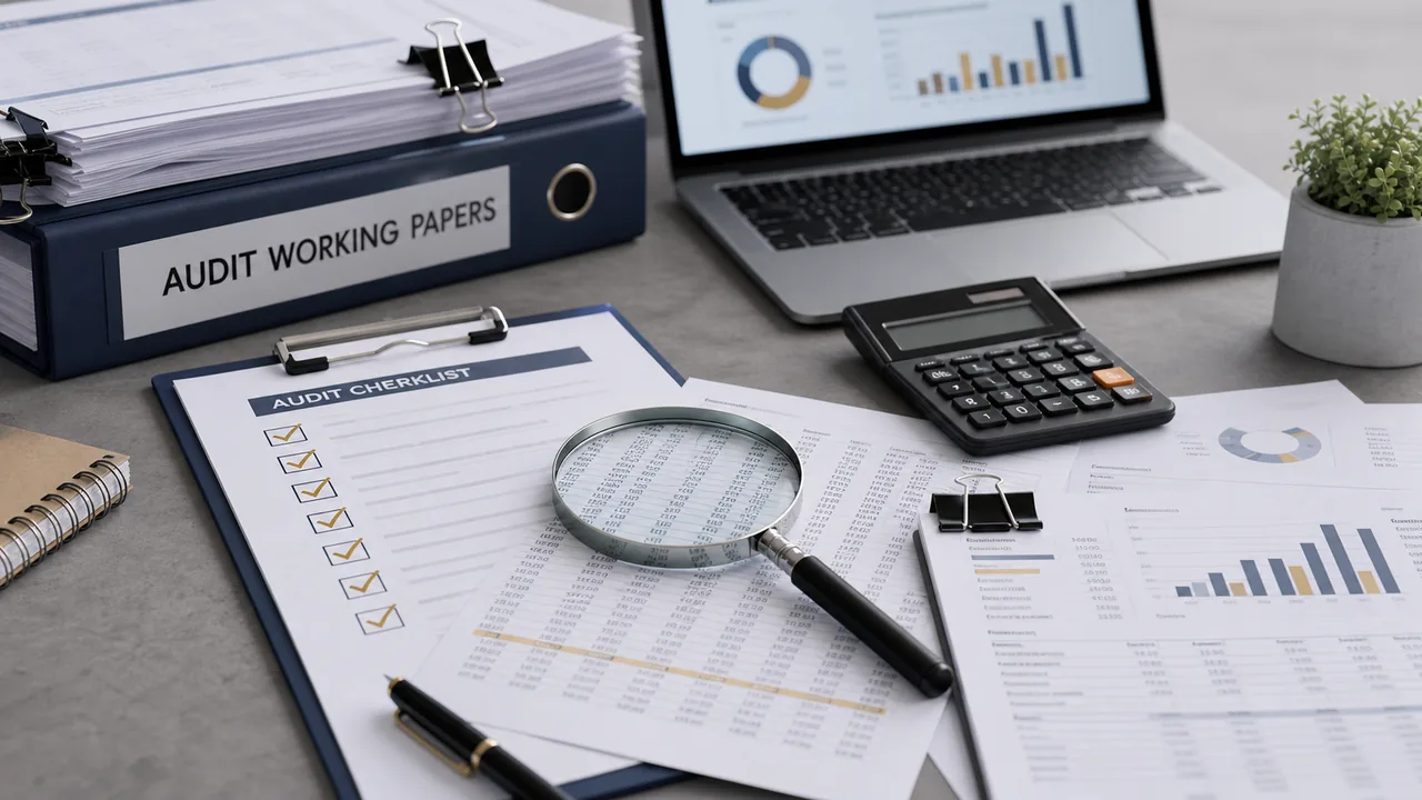Audit working papers and financial records arranged for review on a professional desk