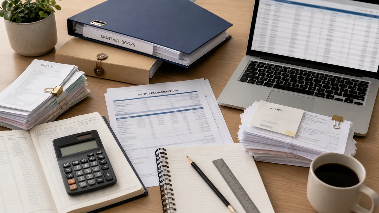 Bookkeeping records, receipts, and calculator arranged on a professional desk