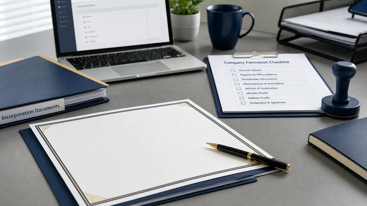 Company registration documents and business files arranged on a professional desk
