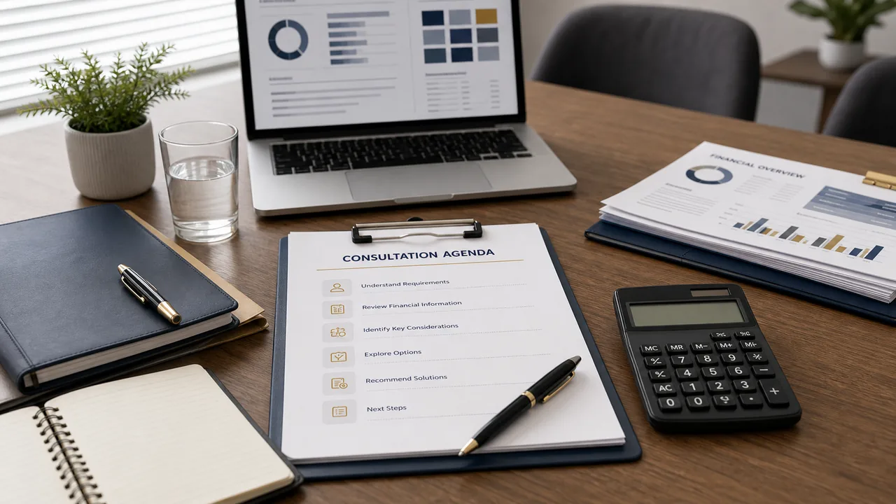 Financial consultation notes and records arranged on a professional meeting table