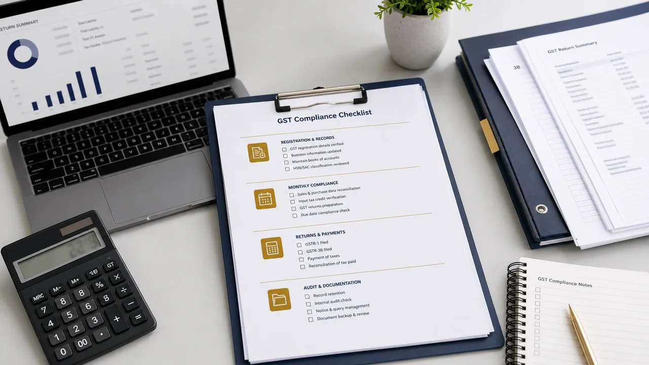 GST compliance documents and calculator arranged on a professional desk