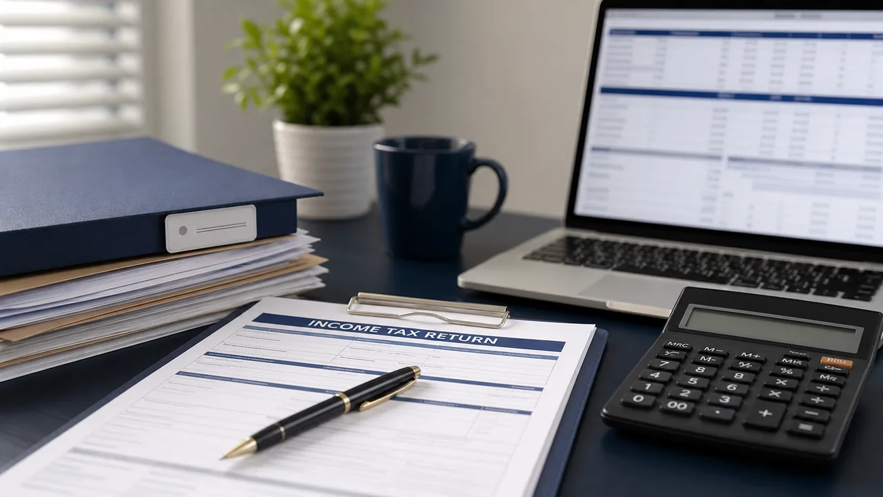 Income tax filing records and calculator arranged on a professional desk