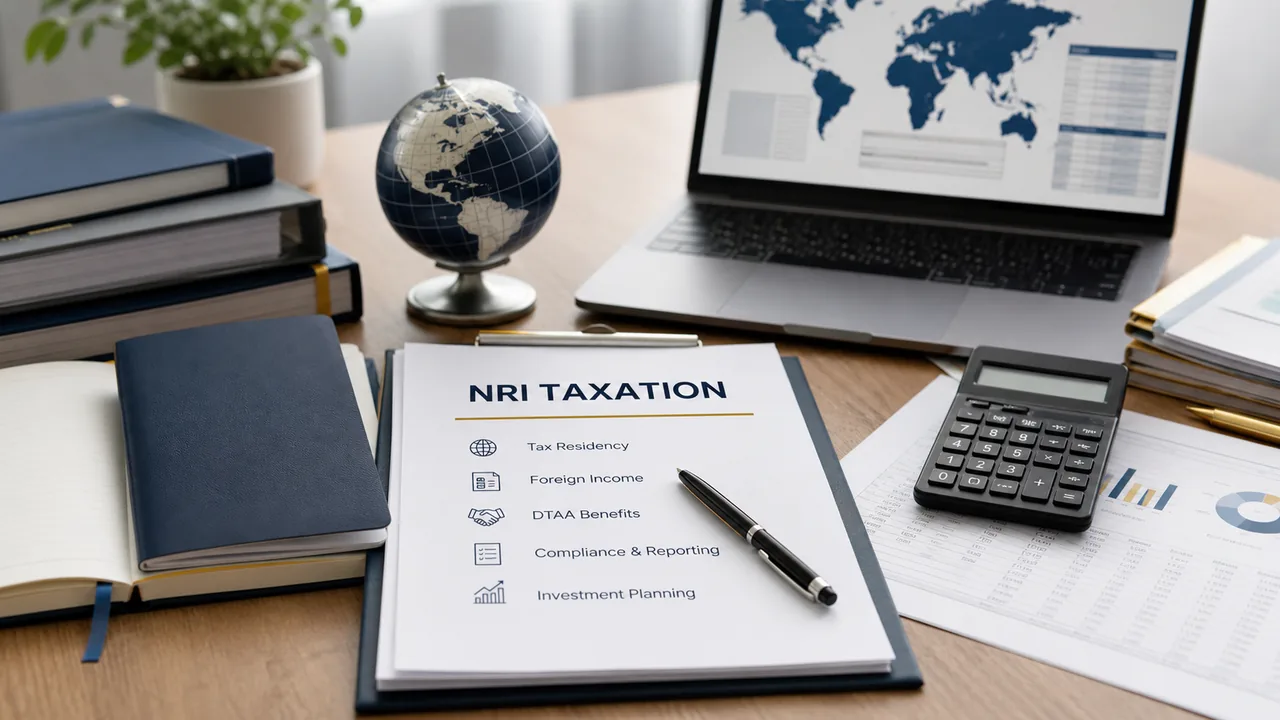 International tax records and generic travel documents arranged on a professional desk