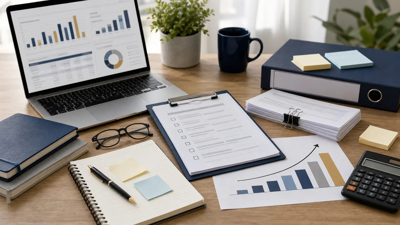 Startup advisory planning records and financial notes arranged on a professional desk