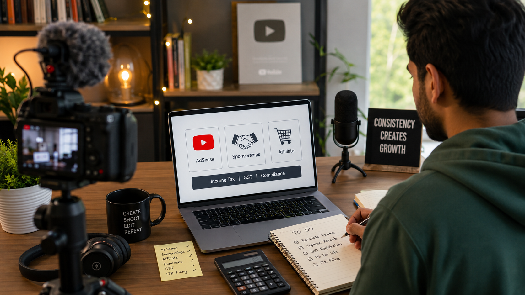 Indian YouTube creator reviewing income tax and GST for AdSense and sponsorship income