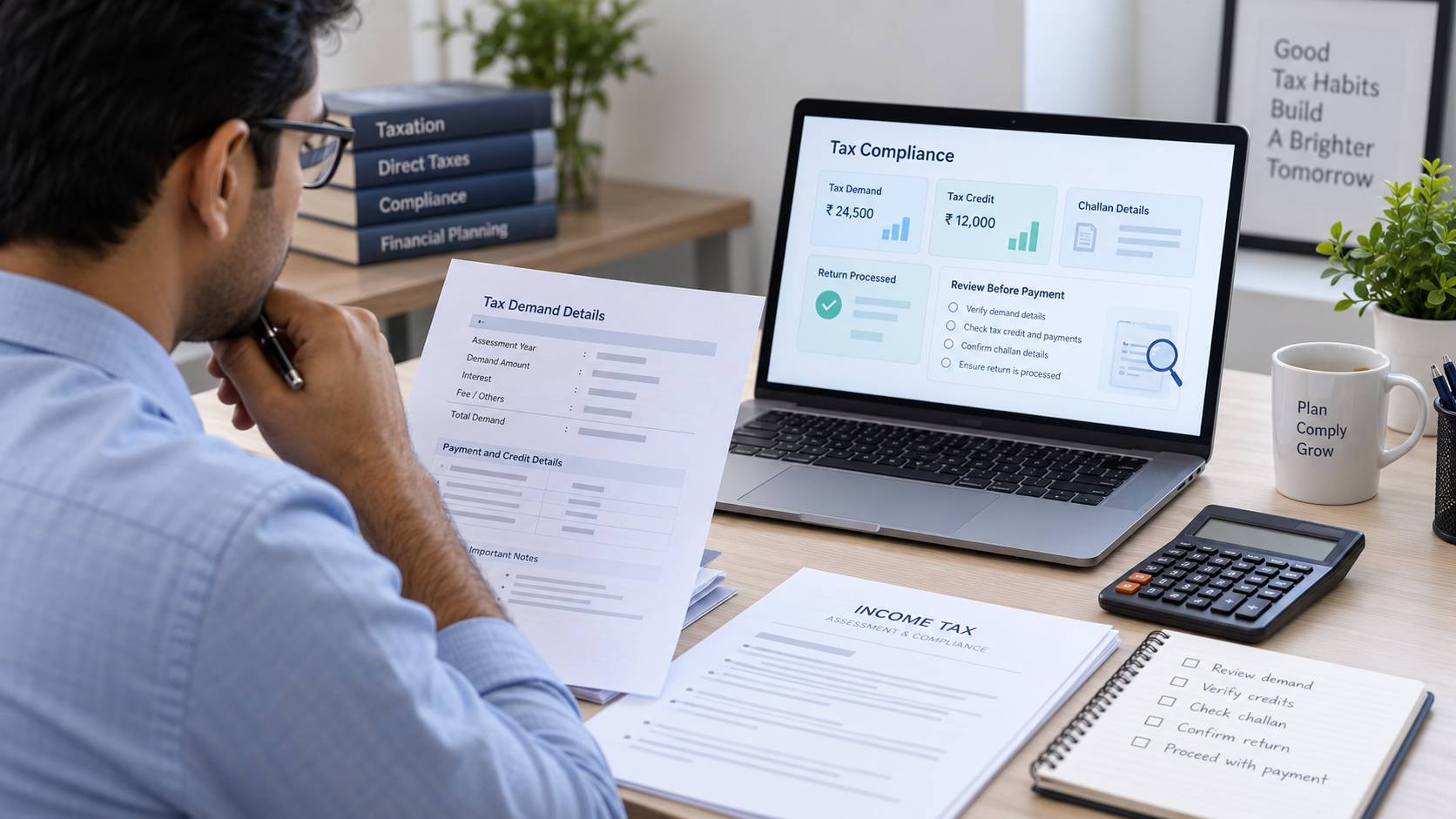 Indian taxpayer reviewing an AY 2026–27 income tax demand, section 143(1) intimation and challan details