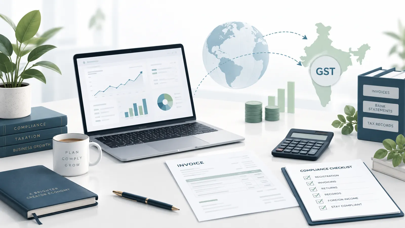 Professional GST compliance workspace illustrating creator revenue, export services, invoicing and record keeping for Indian YouTube creators